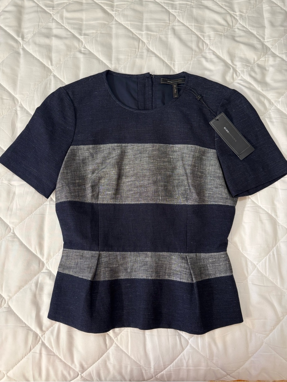 BCBG maxazria Navy & Gray Striped Short Sleeve Peplum Top